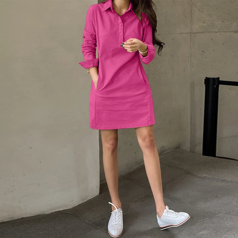 2024 VONDA Summer Women Shirt Dress Elegant Long Sleeve Solid Color Mini Sundress Casual Loose Buttons Pockets Short Vestidos