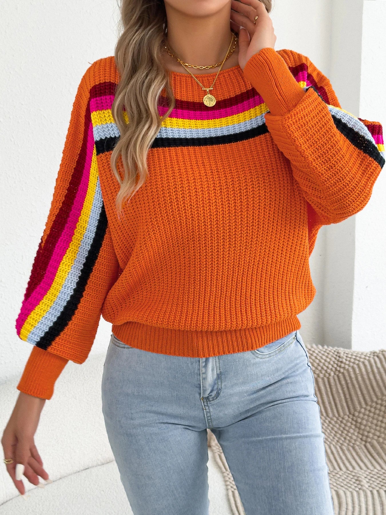 2025 Fashion Contrast Color Striped Sweaters Women Autumn Winter Casual Round Neck Lantern Long Sleeve Knitted Pullover
