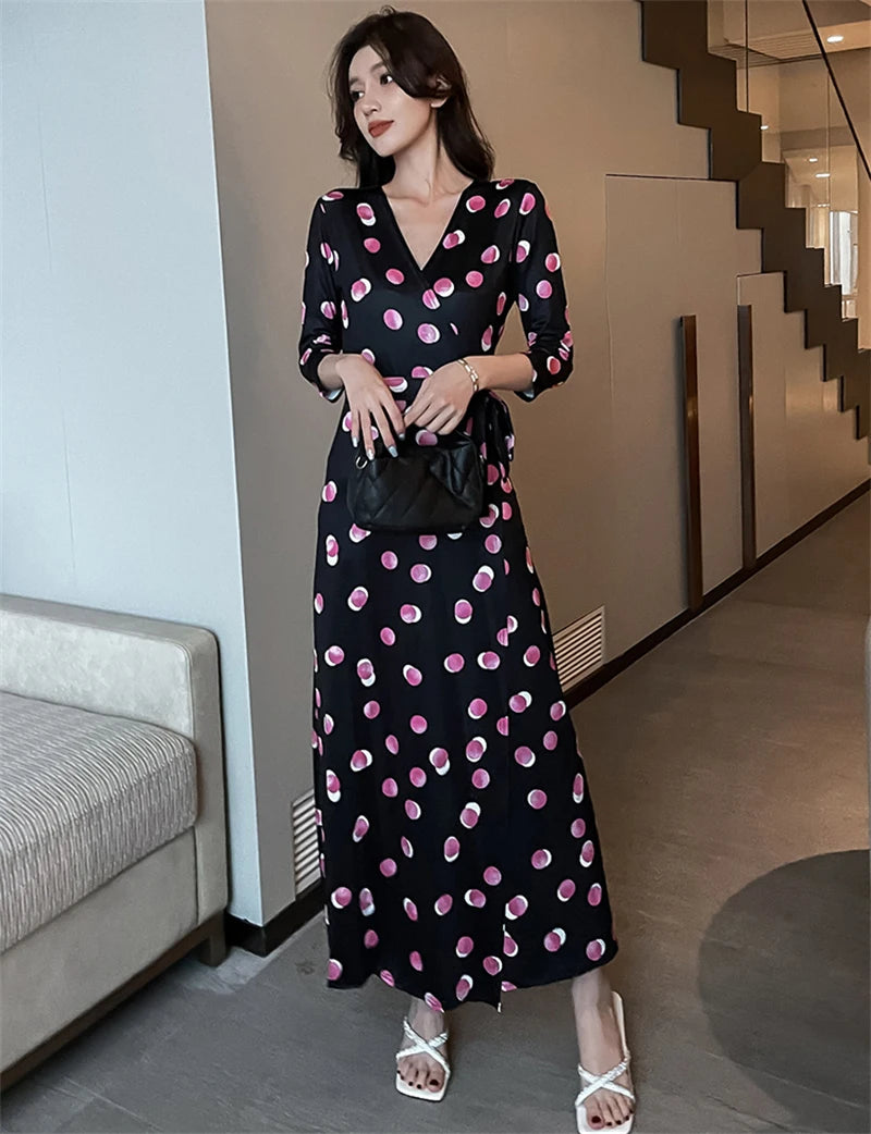 FANIECES Summer Wrap Dresses Women Sexy V Neck Split Maxi Dress Print Female Casual Beachwear Lace Up Party Vestidos Robe платье