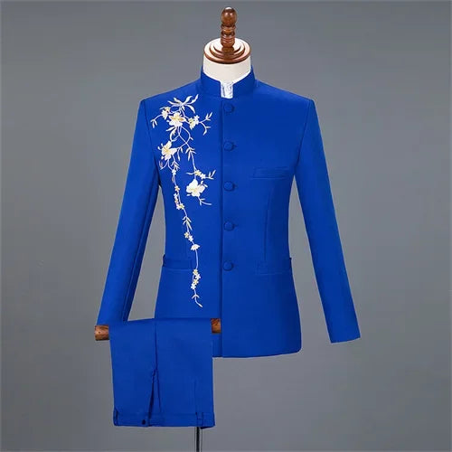 New Men Stand Collar Embroidery Suit 2 Piece Black / White / Red Fashion Male Stage Party Perform Blazer and Trousers