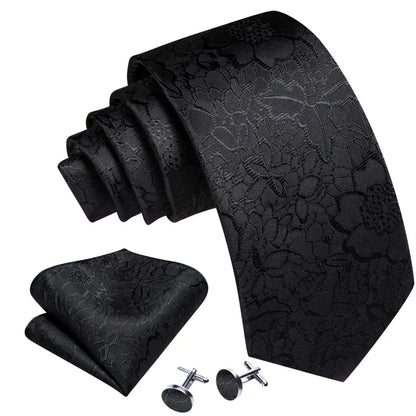 Barry.Wang Black White Gray Silver Silk Men Tie Handkerchief Cufflinks Set Jacquard Necktie for Male Wedding Business Party Gift