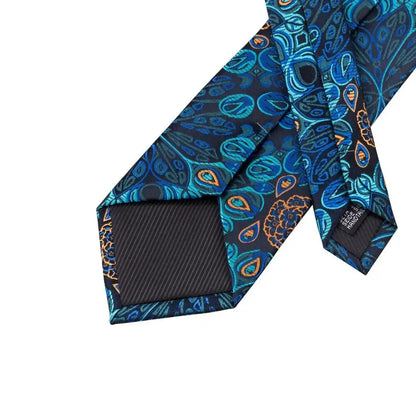 Hi-Tie Peacock Blue Novelty Designer Silk Wedding Tie For Men Hanky Cufflinks Gift Mens Fashion Necktie Set Business Party