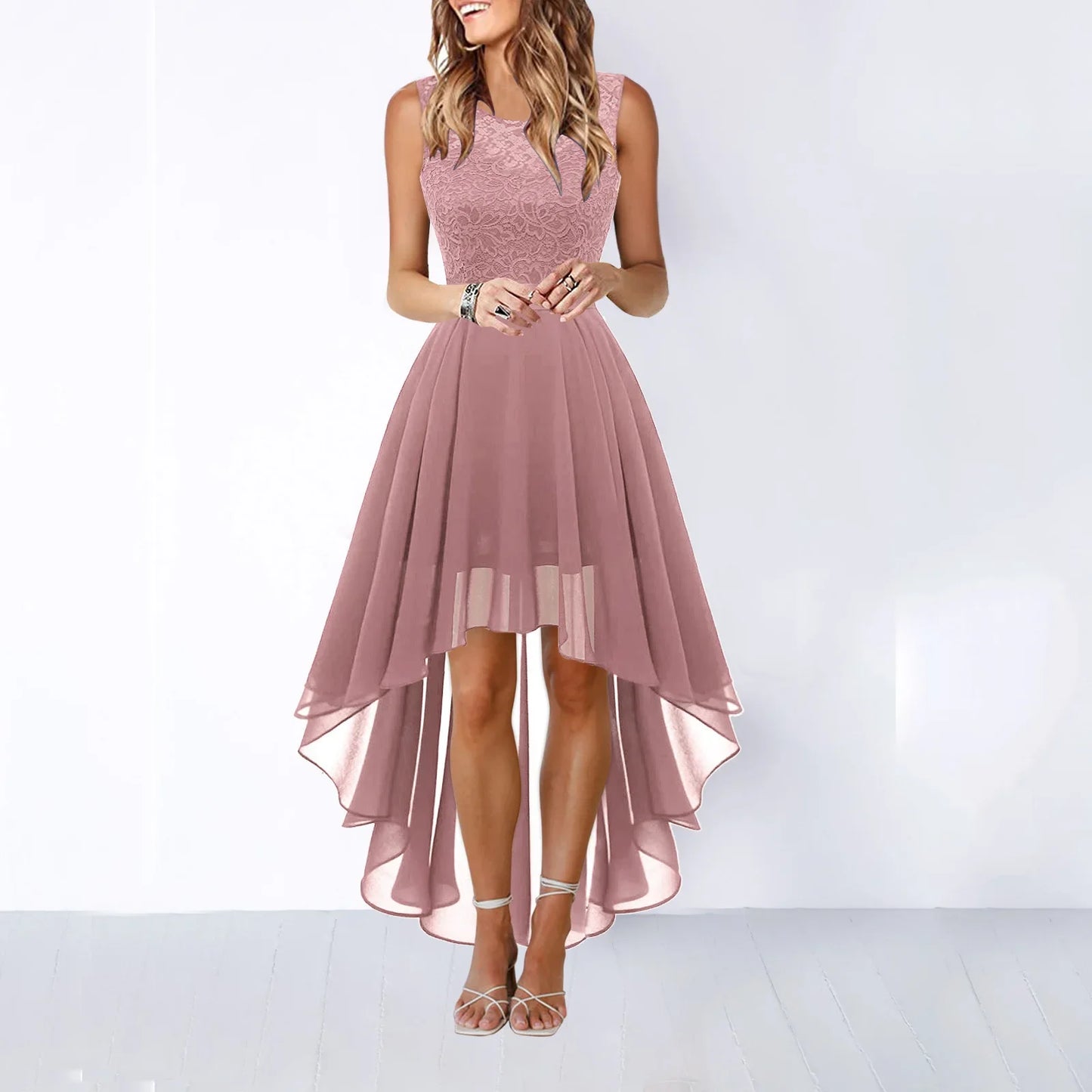Europe America 2025 Spring Summer Dress for Women Clothing New Hollow Solid Chiffon Dress Dinner Lace Dresses Women A-line Skirt