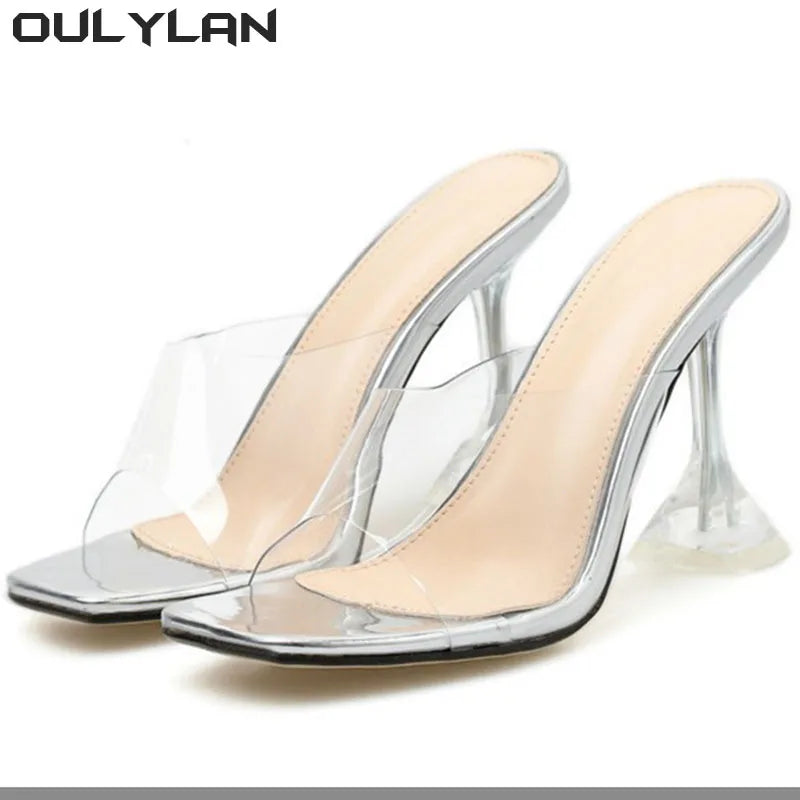 Oulylan Sexy Slippers 2024 New PVC Jelly Slippers Open Toed High Heels Women Transparent Heel Slippers Fashion Lady Shoes