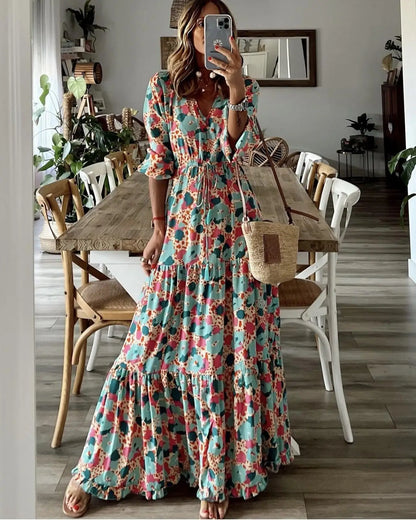 Elegant Women's Flower Long Dresses 2024 Spring New Bohemian Printed  Dress Abıye Kadın Abiye  Платье Robe Ete Femme Vestidos