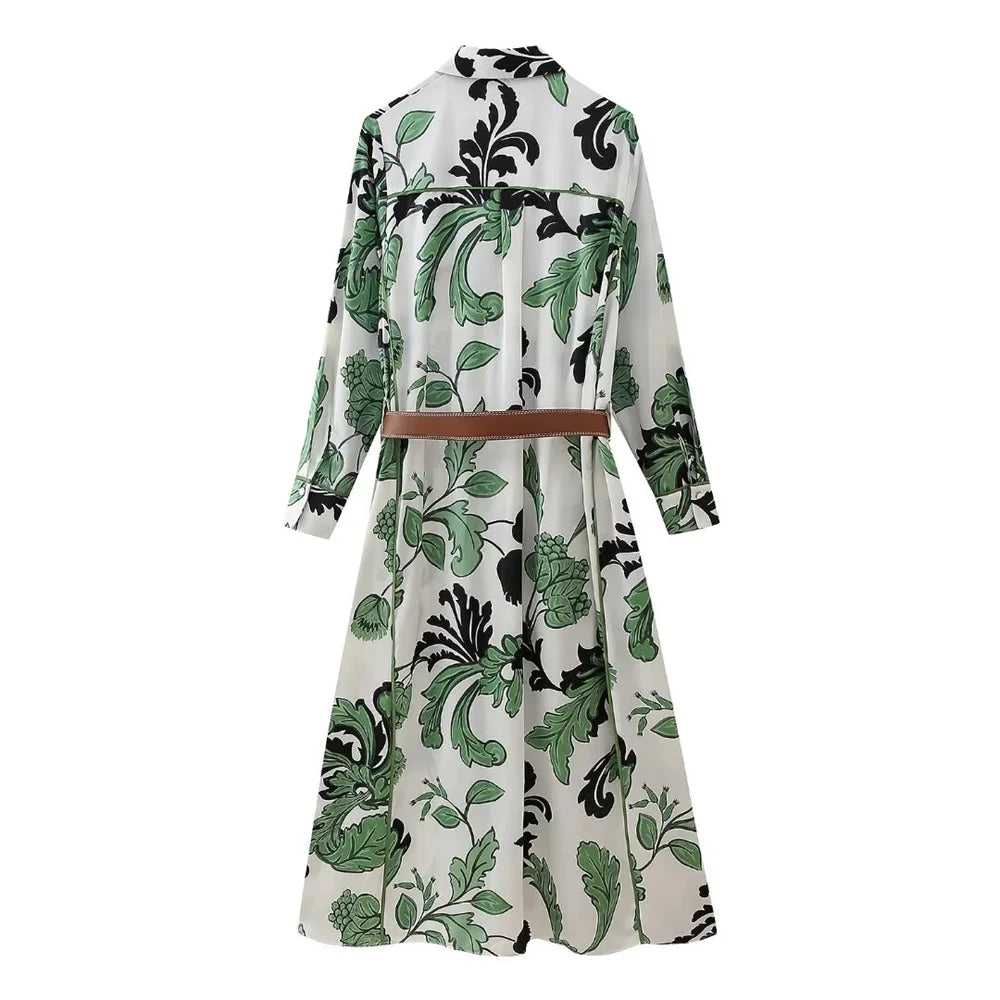Spring and summer women's fashionable new style with belt printed shirt style dress