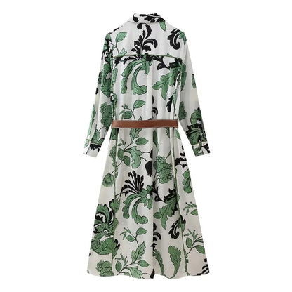 Spring and summer women's fashionable new style with belt printed shirt style dress