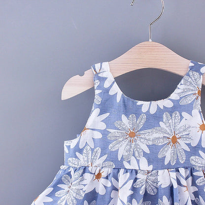 Summer New Girl Fashion Dress Small Chrysanthemum Hanging Strap Big Bow Princess Dress Party Dress 0-3 Years Old