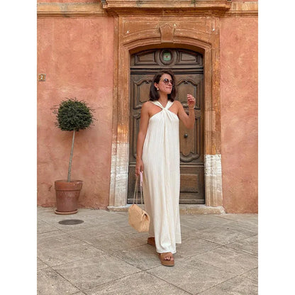 2025 Spring Women's High Street Sexy White Off-the-shoulder Halter Pleated Floor-length Dress Fashion Sleeveless Loose Dress