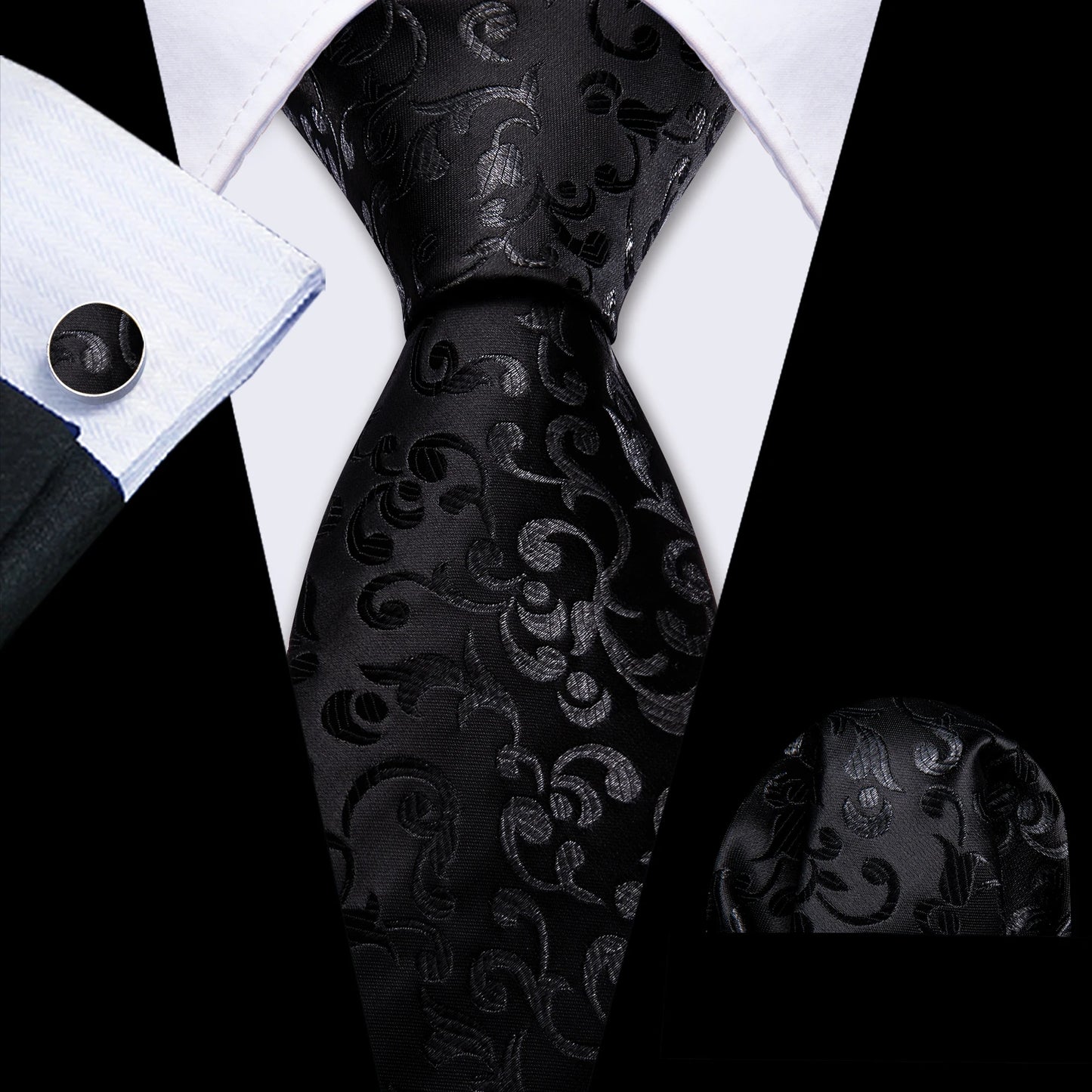 Barry.Wang Black White Gray Silver Silk Men Tie Handkerchief Cufflinks Set Jacquard Necktie for Male Wedding Business Party Gift