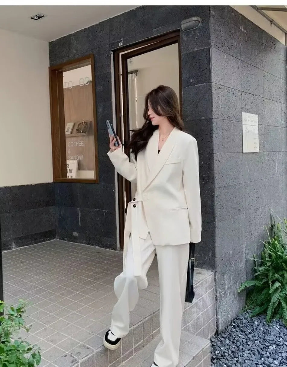 Women's Korean Fashion Long Sleeve Blazer And Wide Leg Pants Two-Piece Set Office Casual Loose Fit Spring Autumn Suits