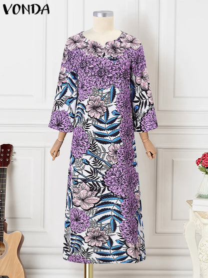 VONDA Bohemian Maxi Dress 2024 Elegant Floral Print Sundress Women Long Sleeve Casual Vestidos Holiday Casual Robe Oversized