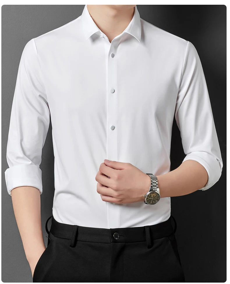 Men's High Quality Solid High Elasticity Seamless Comfortable Long Sleeve Shirts Slim Social Casual Business Formal Dress Shirt