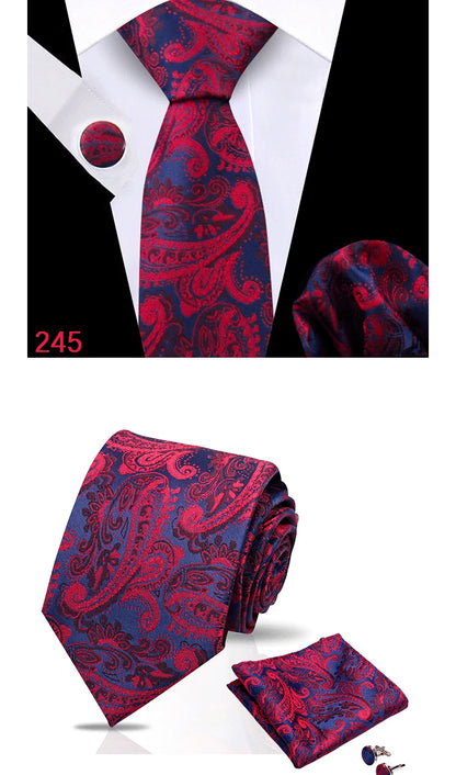 Luxury Plaid Tie For Mens Necktie Handkerchief Pocket Square Cufflinks Set Jacquard Woven Ties Wedding Business Accessories