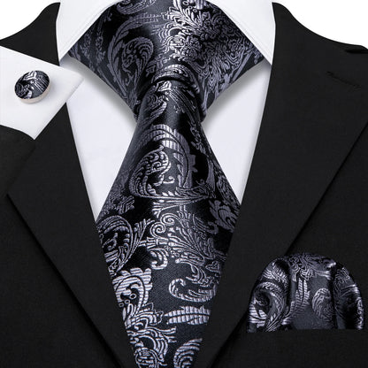 Barry.Wang Black White Gray Silver Silk Men Tie Handkerchief Cufflinks Set Jacquard Necktie for Male Wedding Business Party Gift
