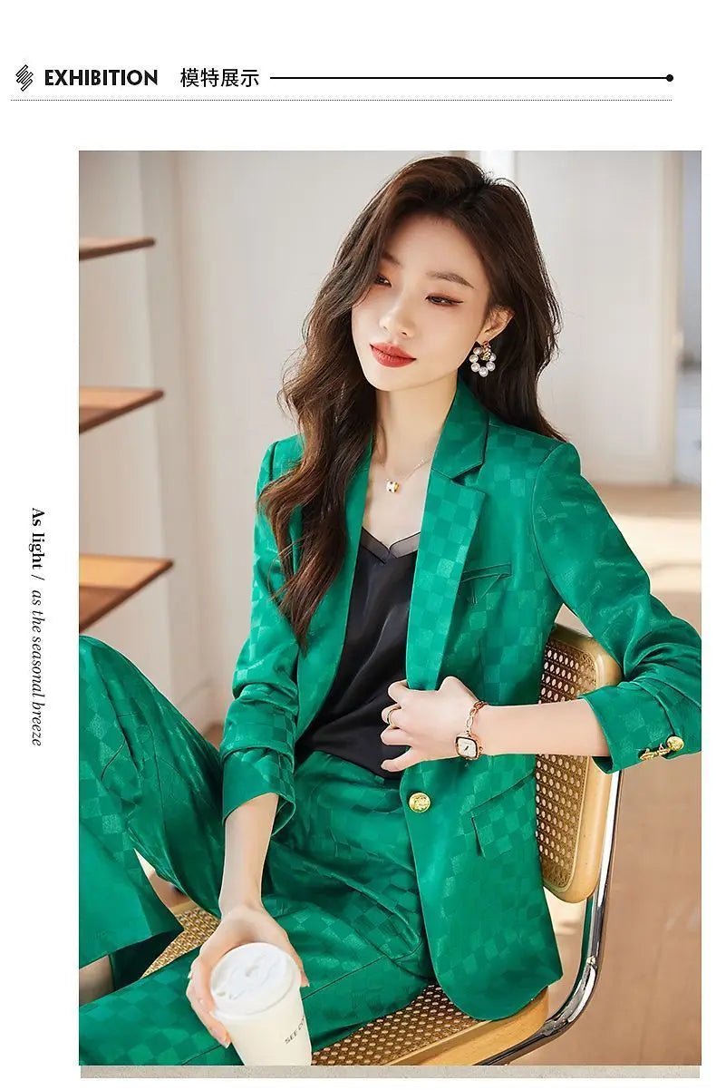 Women's Spring Autumn New Fashion Plaid Professional Suit Jacket Matching Set Korean Elegant Casual Blazers Pants Two Piece