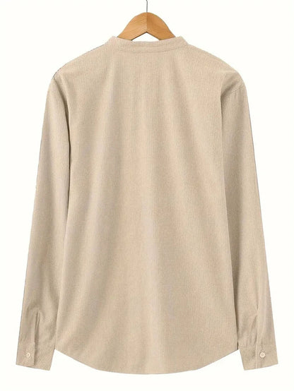 Men's Spring Shirts Solid Color Casual Henry Neck Long Sleeve Outdoor Simple Male Waffle top Thin Button Tops