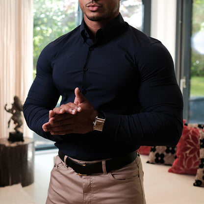 Spring Autumn New Fashion Long Sleeve Shirt Mens Super Slim Fit Luxury Classic Turn-down Single Breasted Business Dress Shirt