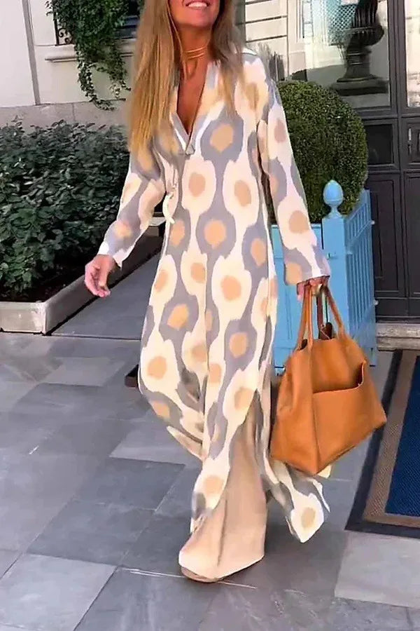 Spring Autumn Casual V Neck Long Sleeve Dress Women Fashion Geometric Printing Split Maxi Dresses Holiday Beach Boho Dress 2024