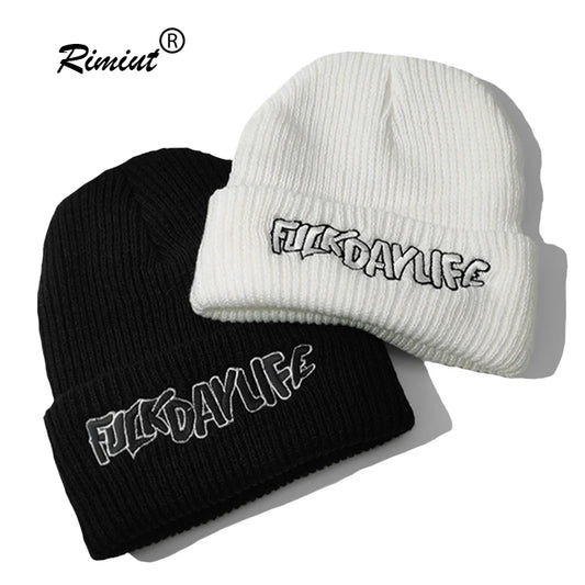 Rimiut Funny Letter Knitted Men Women Beanies Black & White Autumn Winter Hip hop hats Thick Warm Beanie Caps for adult