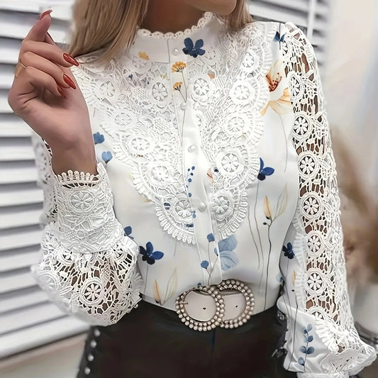 Fashion Vintage White Lace Long Sleeve Women Shirts 2024 Autumn Buttons Floral Print Tops And Blouses Womens Top Femme Shirt