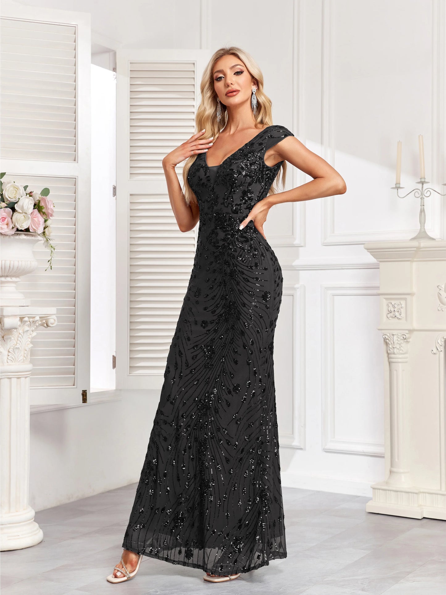 XUIBOL Elegant Champagne Sequin Evening Dress 2024 Women Long Mermaid Formal Deep V-neck Prom Luxury Wedding Party Gowns Dresses