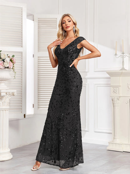 XUIBOL Elegant Champagne Sequin Evening Dress 2024 Women Long Mermaid Formal Deep V-neck Prom Luxury Wedding Party Gowns Dresses