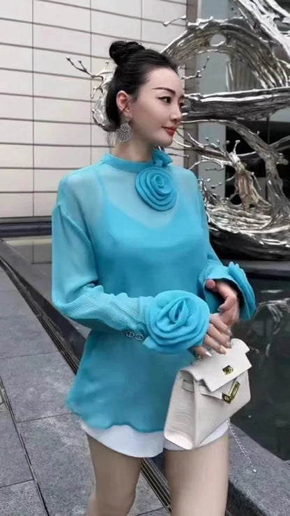 Spring Summer 2024 New Top For Women Two Pieces Design Three-dimensional Flowers Transparent Thin Chiffon Shirt Long Sleeve 4390