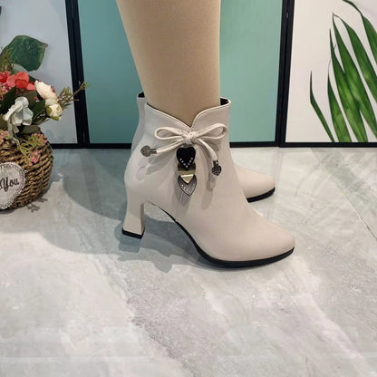 2024 high-heeled boots female spring and autumn single boots new women's shoes zip white waterproof Taiwan high-heeled shoes