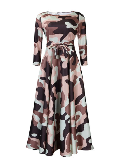 Women's 2024 Autumn New Style Fashionable Elegant Temperament Fashionable Printed Strap Waist Large Skirt Large Size Dress