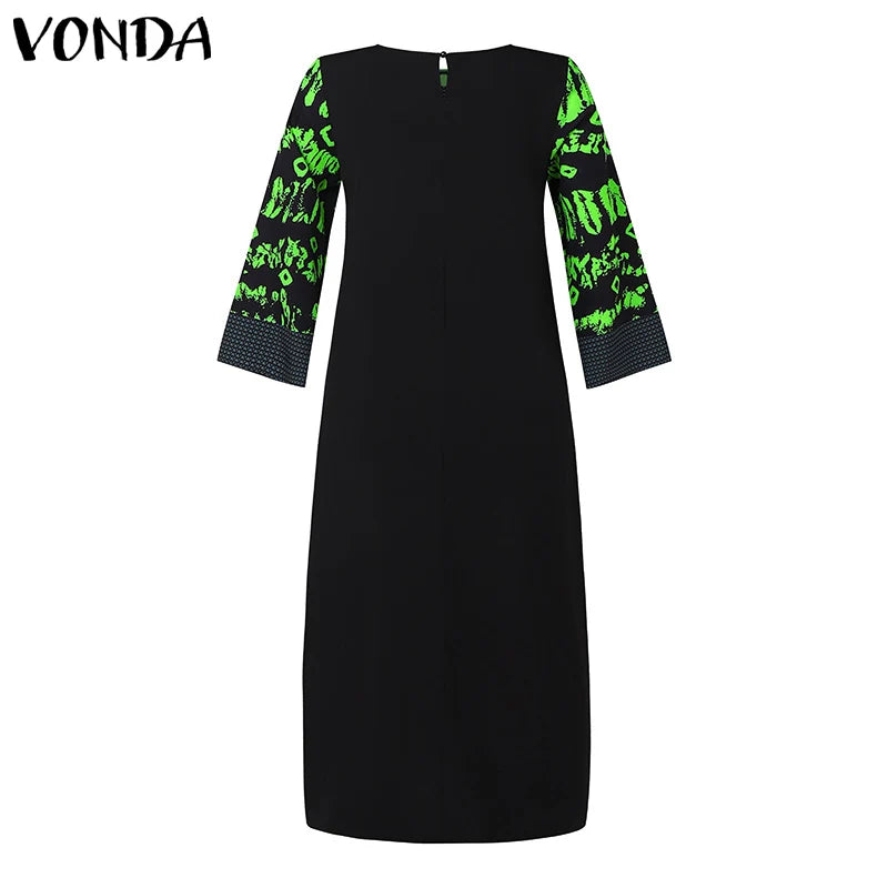 VONDA Women Printed Dress 2024 Vintage Maxi Long Dress Autumn Patchwork Sundress Fashion Elegant Party Vestidos Femme Robe Baggy