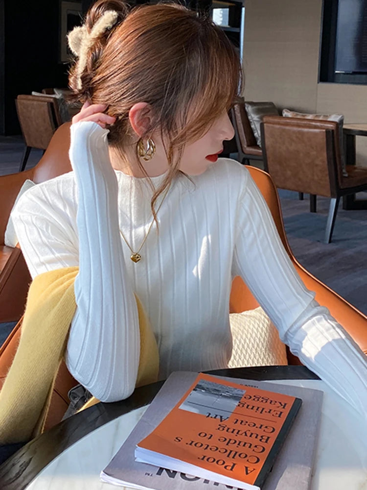 Autumn Winter Knitted Ribbed Turtleneck Sweater Women Clothes 2025 Long Sleeve Slim Basic Pullover Woman Sweaters Solid Tops