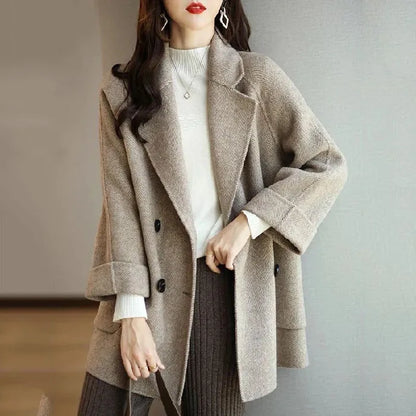 Basics Solid Pockets Coats Women Korean Style Basics Solid Turn-Down Collar Coat Casual Comfortable Loose Wool Autumn Winter