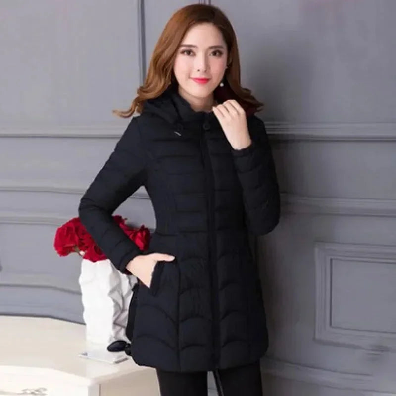 2024Fashion Middle Age Mother Slim Down Cotton Hooded Jacket Plus Size Casual Solid WarmThick Outwear Parka Winter Coat Women