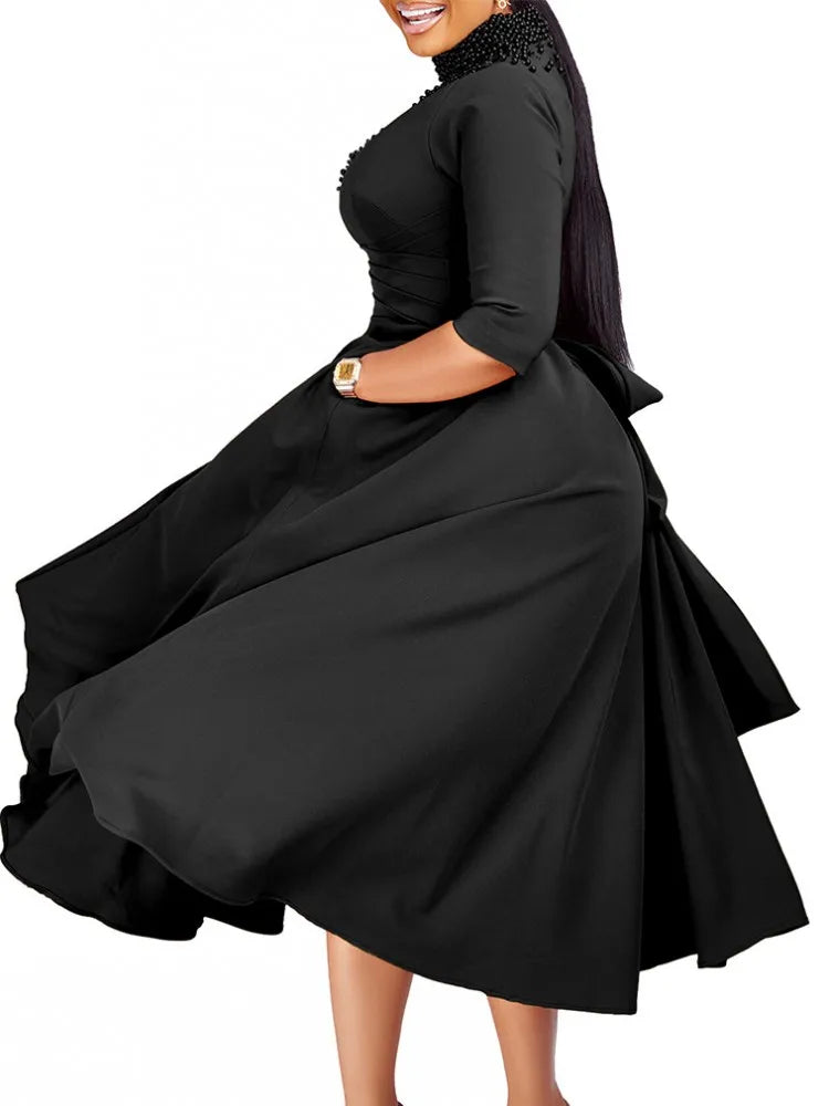 Turtleneck Beaded Elegant Dress Women's Fashion 3/4 Sleeve High Waist Midi African Dress Big Size Outfit Woman Festival Clothing