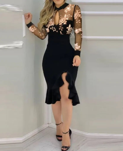 Spring Summer Sexy Mesh Ruffle Dress 2024 Wome Long Sleeve Irregularity Midi Dress Fashion Print Elegant Party Dresses