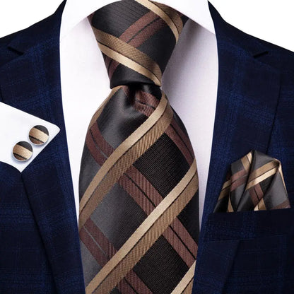 Hi-Tie Paisley Brown Tie For Men Elegant Mens Necktie Pocket Square Cufflink Groom Wedding Accessory Wholesale New Designer