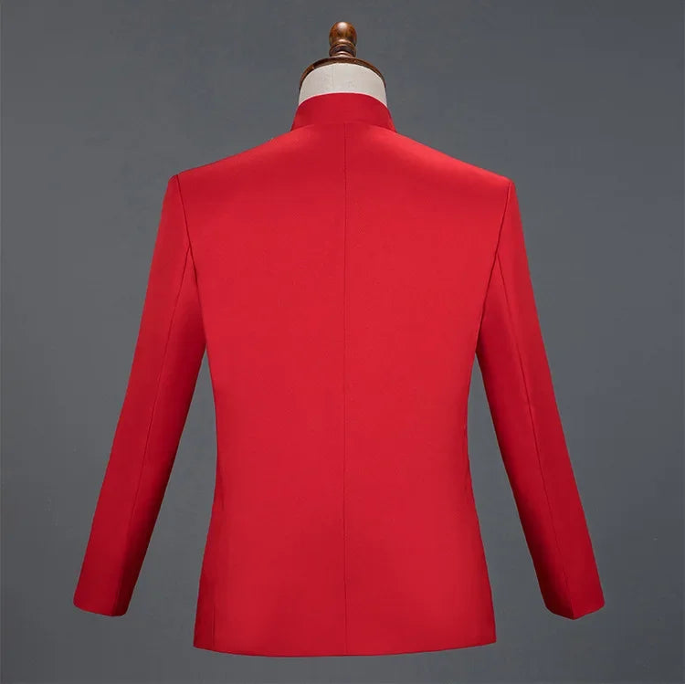New Men Stand Collar Embroidery Suit 2 Piece Black / White / Red Fashion Male Stage Party Perform Blazer and Trousers