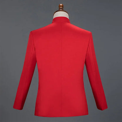 New Men Stand Collar Embroidery Suit 2 Piece Black / White / Red Fashion Male Stage Party Perform Blazer and Trousers