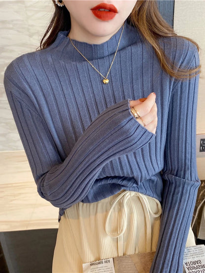 Autumn Winter Knitted Ribbed Turtleneck Sweater Women Clothes 2025 Long Sleeve Slim Basic Pullover Woman Sweaters Solid Tops