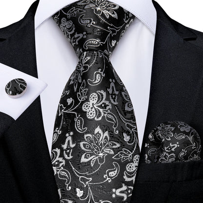 Men's Black Ties Handkerchief Cufflinks Business Formal Floral Striped Solid 8cm Necktie Gift for Husband Wedding Accessories