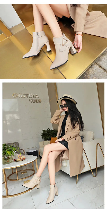 Women's Sexy Heels 2024 Autumn Winter Platform Buckle Pointed Ankle Boots Fashion High Quality Designer Women's Boot Botas Mujer
