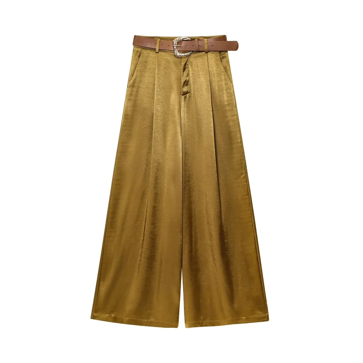 KONDALA Casual Chic Yellow Satin Women Suits V Neck Buttons Vest High Waist Wide Leg Pants Fashion 2025 Summer Holiday Suits