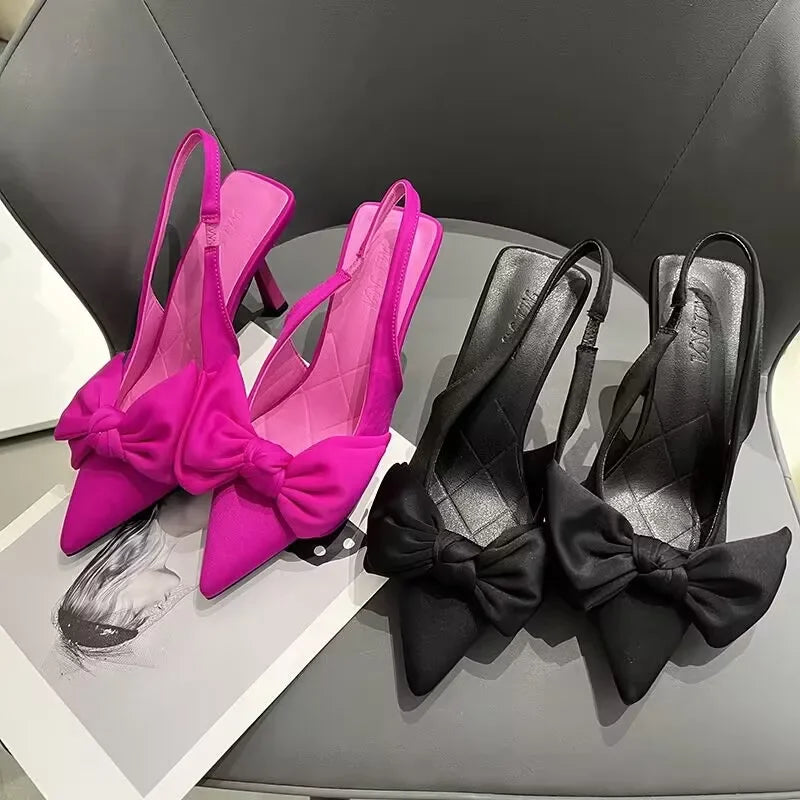 Women Shoes 2024 Summer New Butterfly Knot Women Slingbacks Heels Shoes Sexy Dress Thin Heel Pointed Toe Ladies High Heels Women