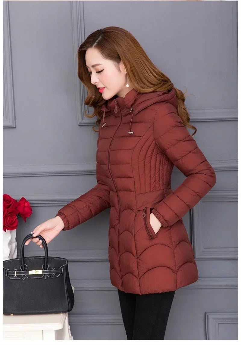 2024Fashion Middle Age Mother Slim Down Cotton Hooded Jacket Plus Size Casual Solid WarmThick Outwear Parka Winter Coat Women