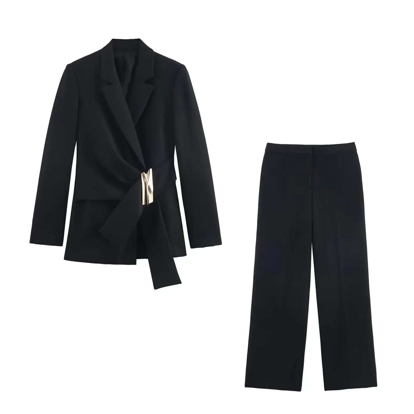 Women's Suit Pants Two-Piece Set Buckle Decoration Long Sleeve Blazer Coat + Straight-Leg Pants 2 Pieces Sets Chic Woman Outfits