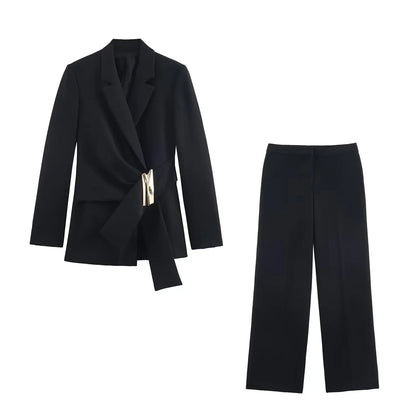 Women's Suit Pants Two-Piece Set Buckle Decoration Long Sleeve Blazer Coat + Straight-Leg Pants 2 Pieces Sets Chic Woman Outfits
