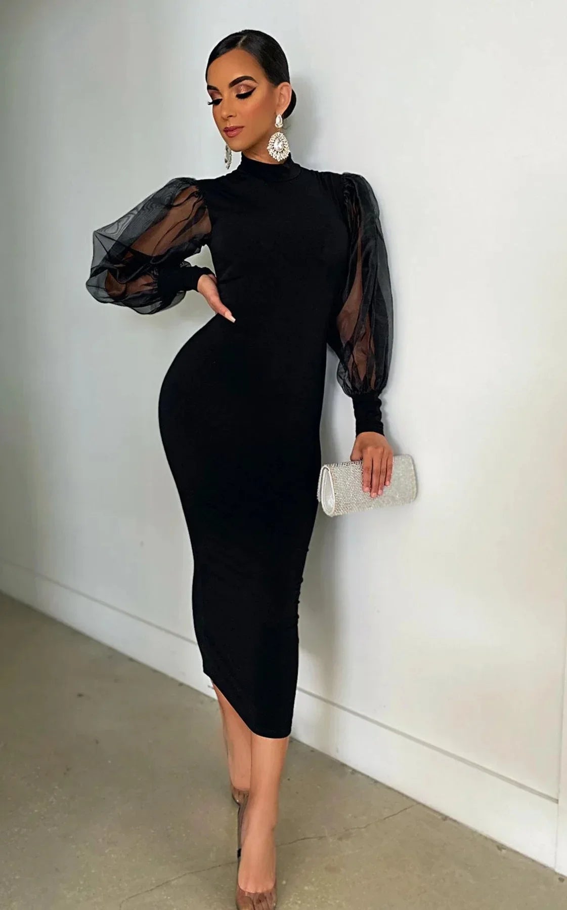 Elegant Spring Summer Dress for Women Long Sleeve Evening Gown Women Clothing Temperament Half High Collar Bodycon Dress Vestido