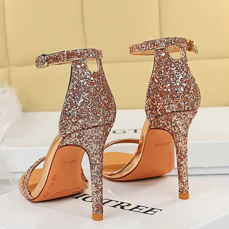 Women Summer Platform Sandals 10cm High Heels Silver Bling Sequins Ankle Strappy Sandles Lady Wedding Event Party Sparkly Shoes