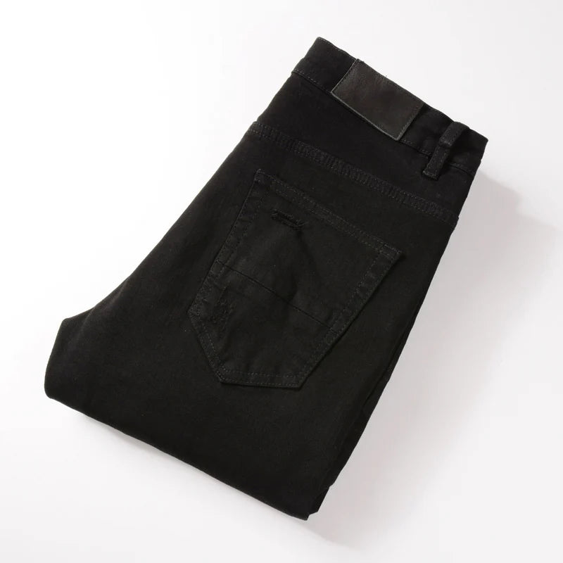 High street fashion new men's black jeans stretch slim fit retro washed leather patch jeans hip-hop brand designer pants Hombre